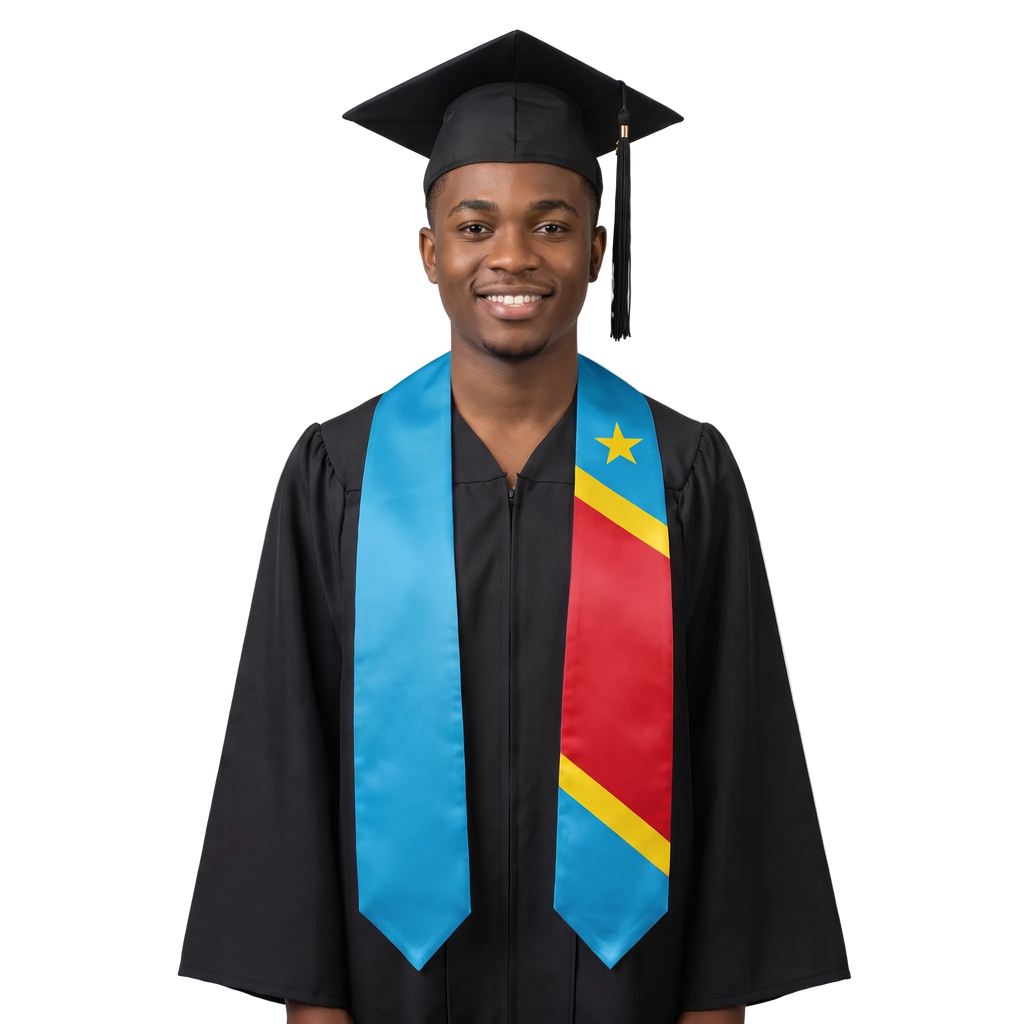 Democratic Republic of Congo graduation stole in sky blue with a yellow star and a red diagonal band edged in yellow, Congolese flag sash.
