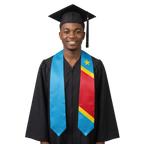 Democratic Republic of Congo graduation stole in sky blue with a yellow star and a red diagonal band edged in yellow, Congolese flag sash.
