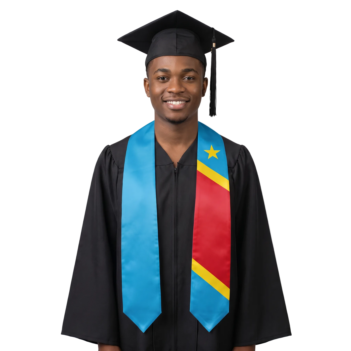 Democratic Republic of Congo graduation stole in sky blue with a yellow star and a red diagonal band edged in yellow, Congolese flag sash.
