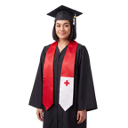 Tonga graduation stole with red panels and a white panel featuring a red cross, Tongan flag sash.
