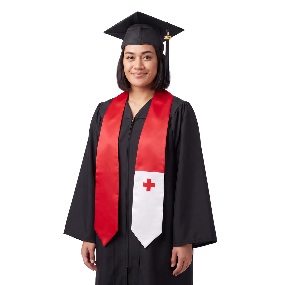 Tonga graduation stole with red panels and a white panel featuring a red cross, Tongan flag sash.
