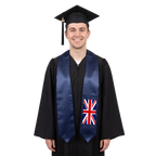 United Kingdom graduation stole in navy blue with a red, white, and blue Union Jack design, British flag sash.
