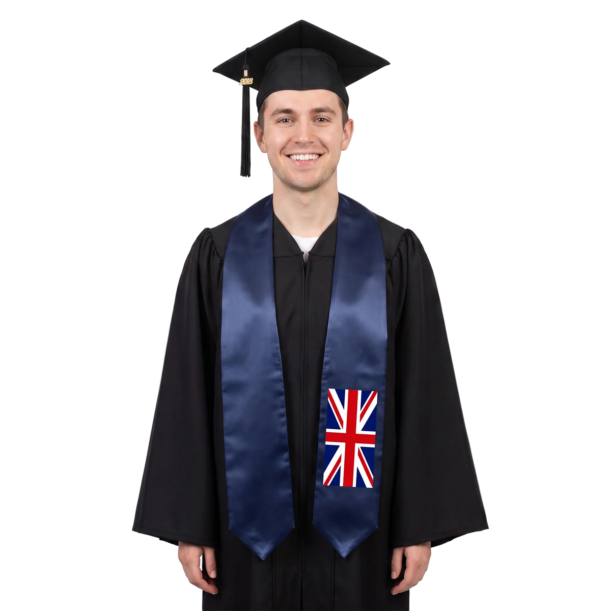 United Kingdom graduation stole in navy blue with a red, white, and blue Union Jack design, British flag sash.
