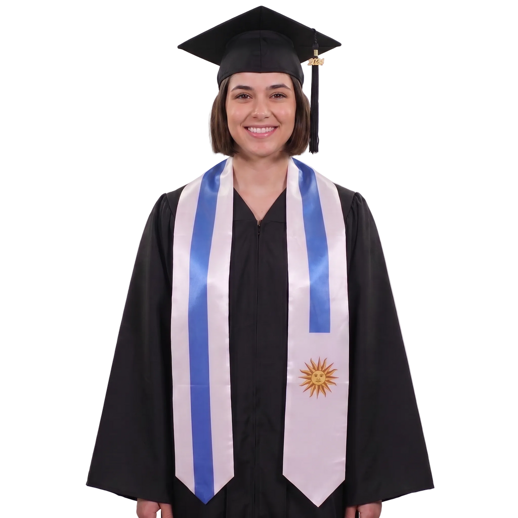 Graduate wearing a Uruguay graduation stole with blue and white stripes and a gold Sun of May, Uruguayan flag sash.
