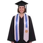 Graduate wearing a Uruguay graduation stole with blue and white stripes and a gold Sun of May, Uruguayan flag sash.
