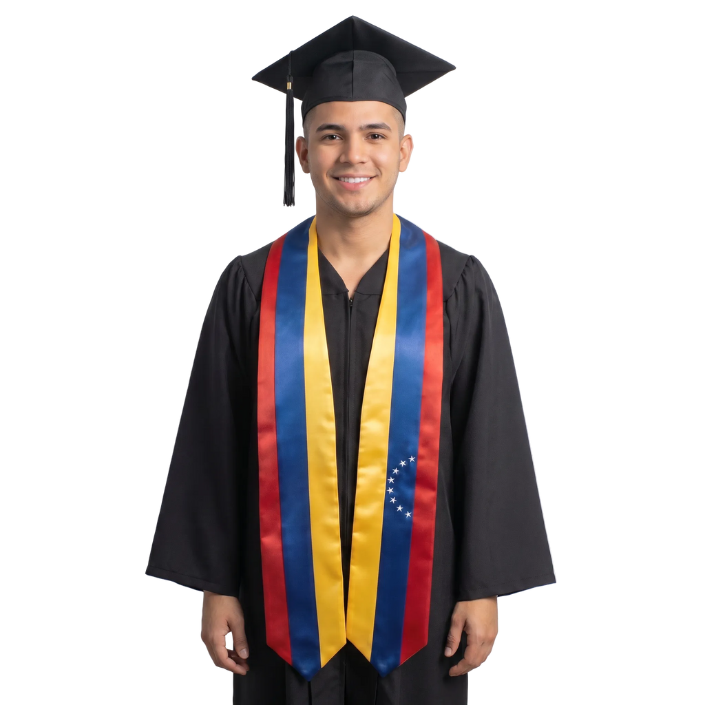 Venezuela graduation stole with yellow, blue, and red vertical stripes and an arc of white stars, Venezuelan flag sash.
