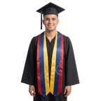 Venezuela graduation stole with yellow, blue, and red vertical stripes and an arc of white stars, Venezuelan flag sash.
