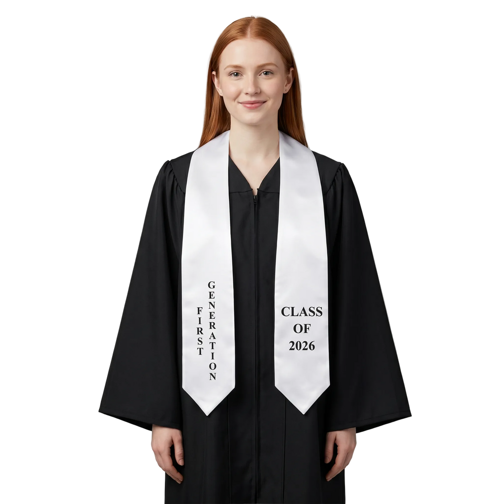 White First Generation 2026 graduation stole with black lettering