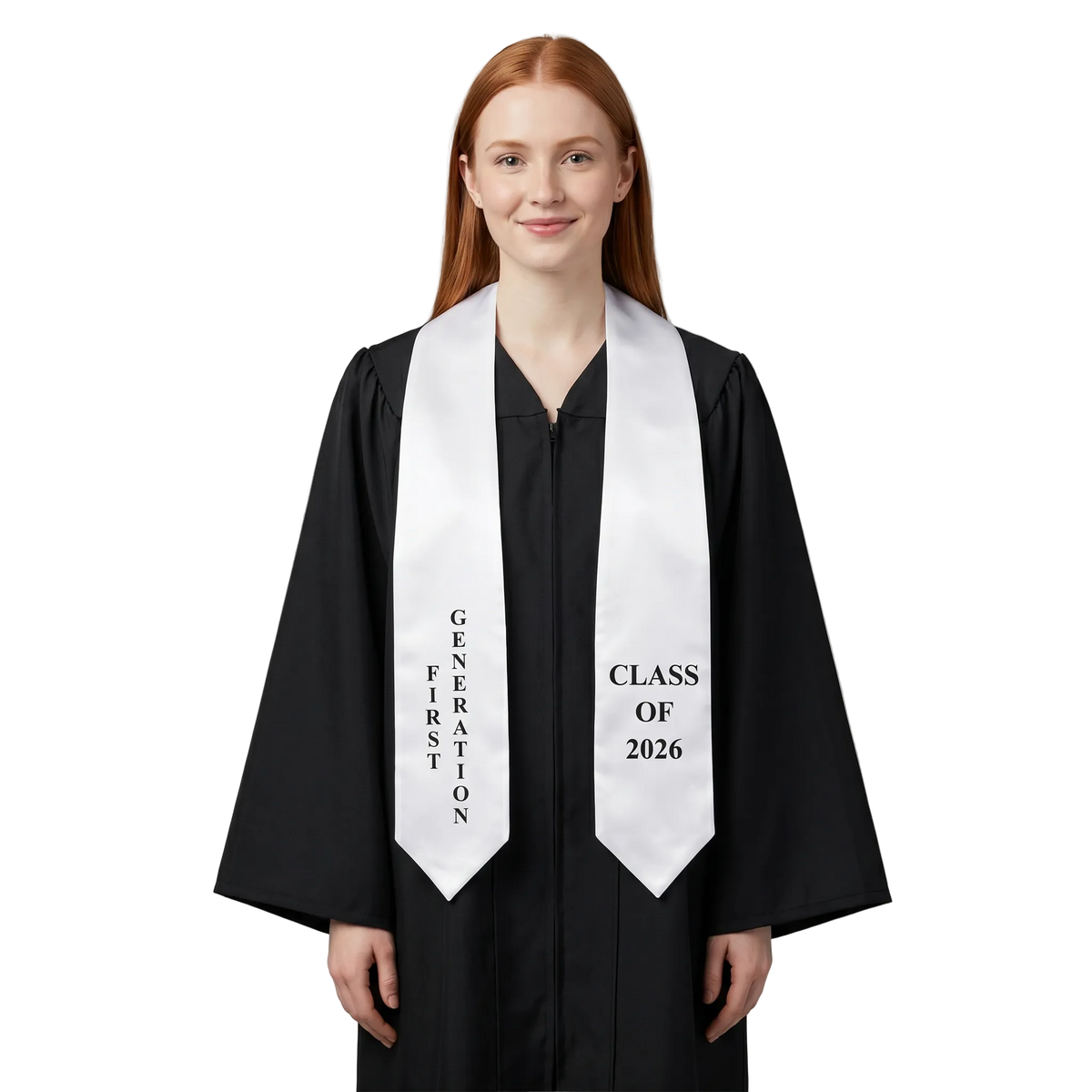 White First Generation 2026 graduation stole with black lettering