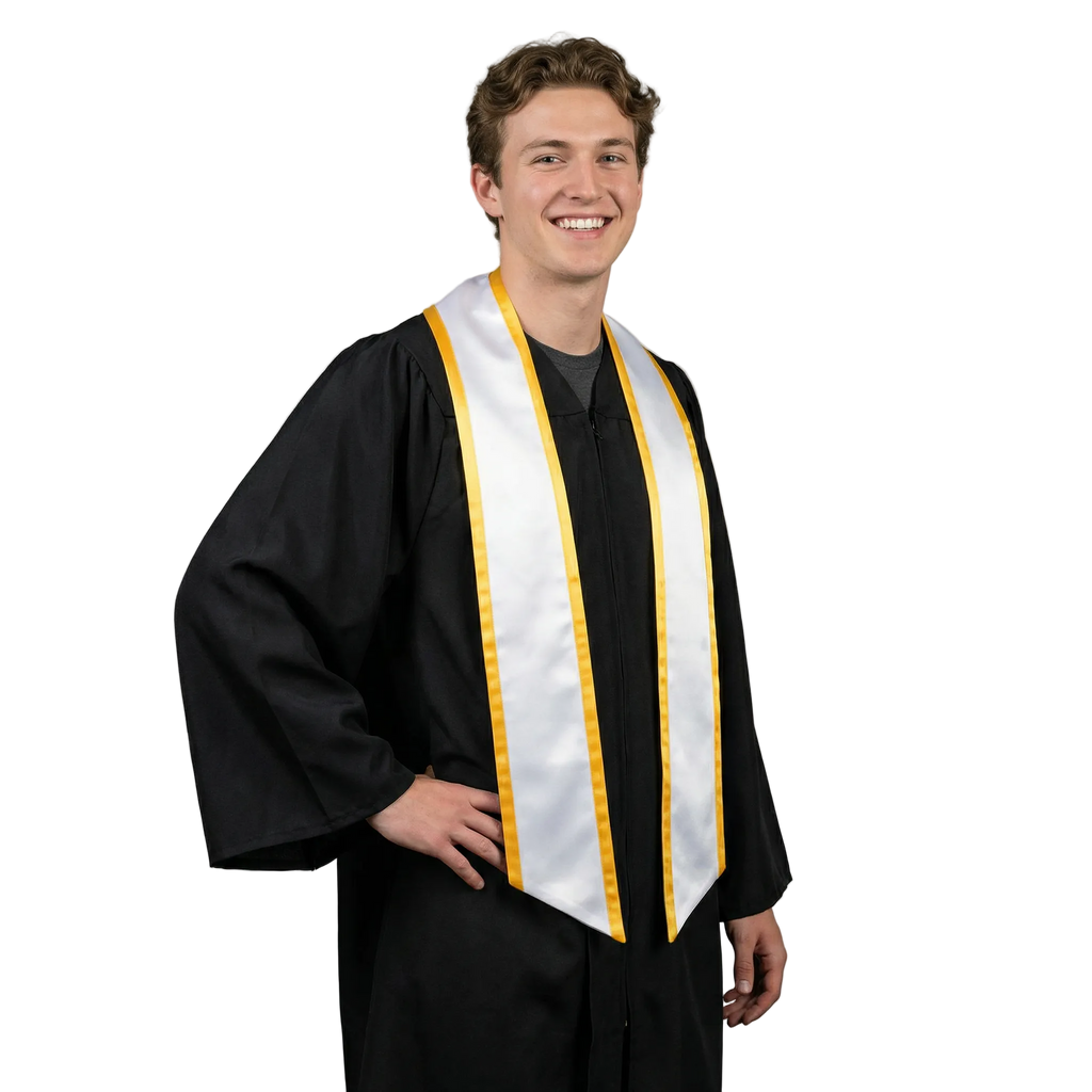 White slanted graduation stole with gold trim and angled ends