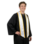 White slanted graduation stole with gold trim and angled ends