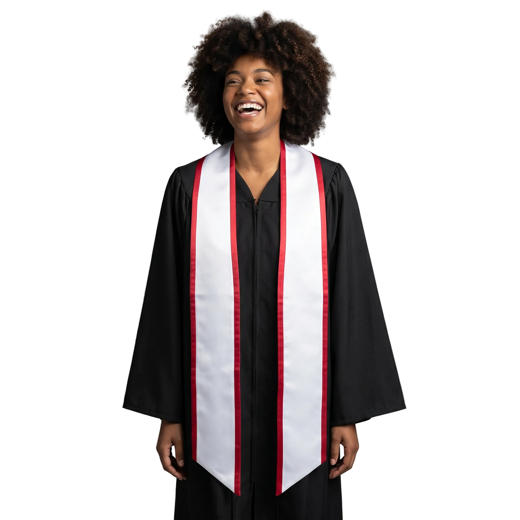 White slanted graduation stole with red trim and angled ends