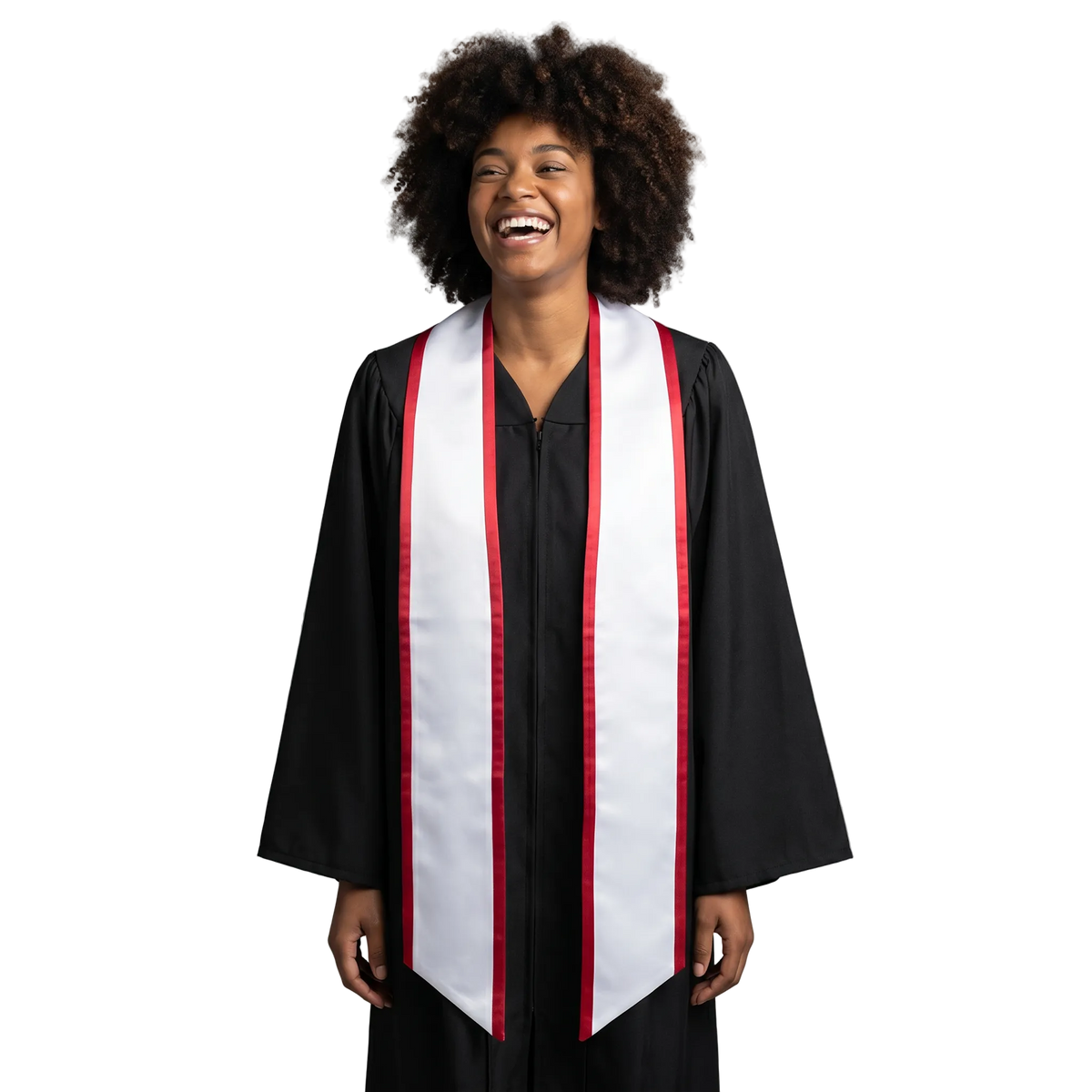 White slanted graduation stole with red trim and angled ends