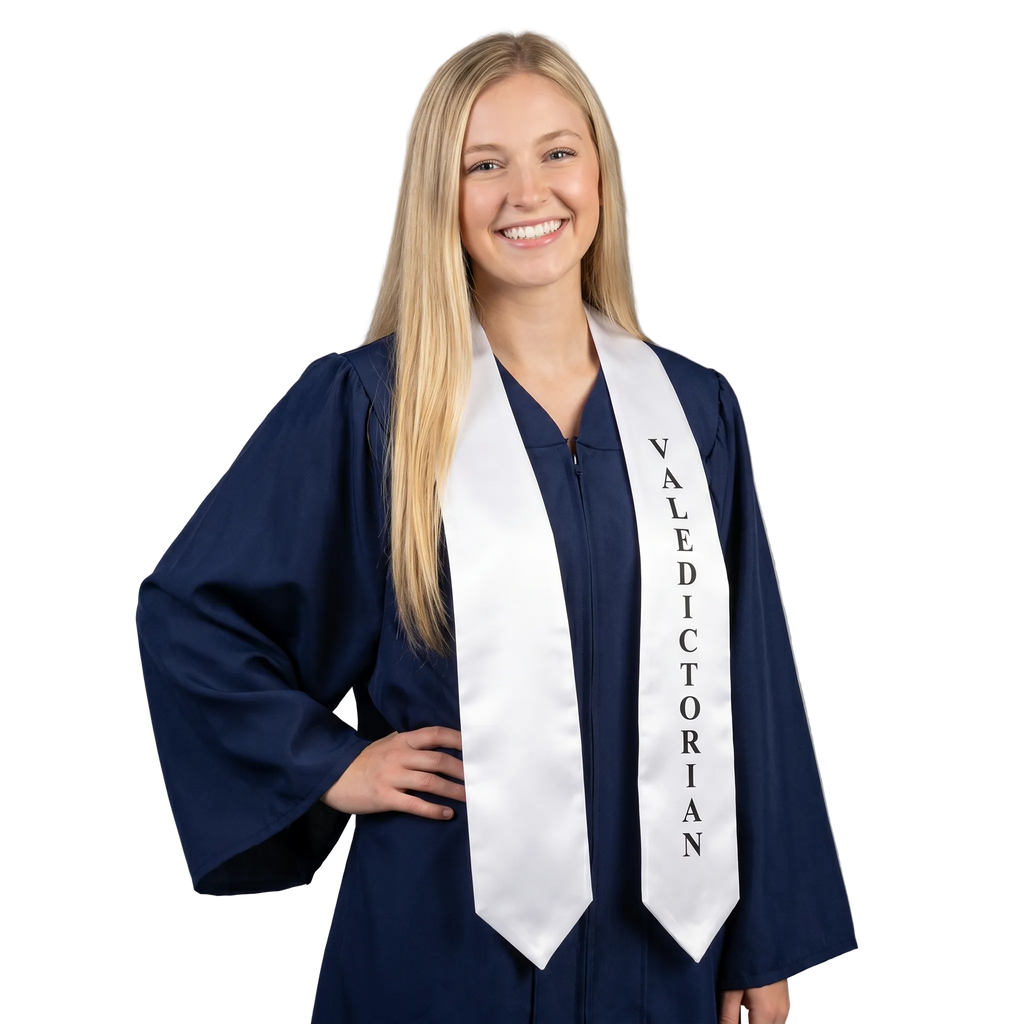 White Valedictorian graduation stole with black imprinted arrow-pointed design, high-quality bridal satin, unisex fit, for college and high school honor recognition