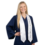 White Valedictorian graduation stole with black imprinted arrow-pointed design, high-quality bridal satin, unisex fit, for college and high school honor recognition