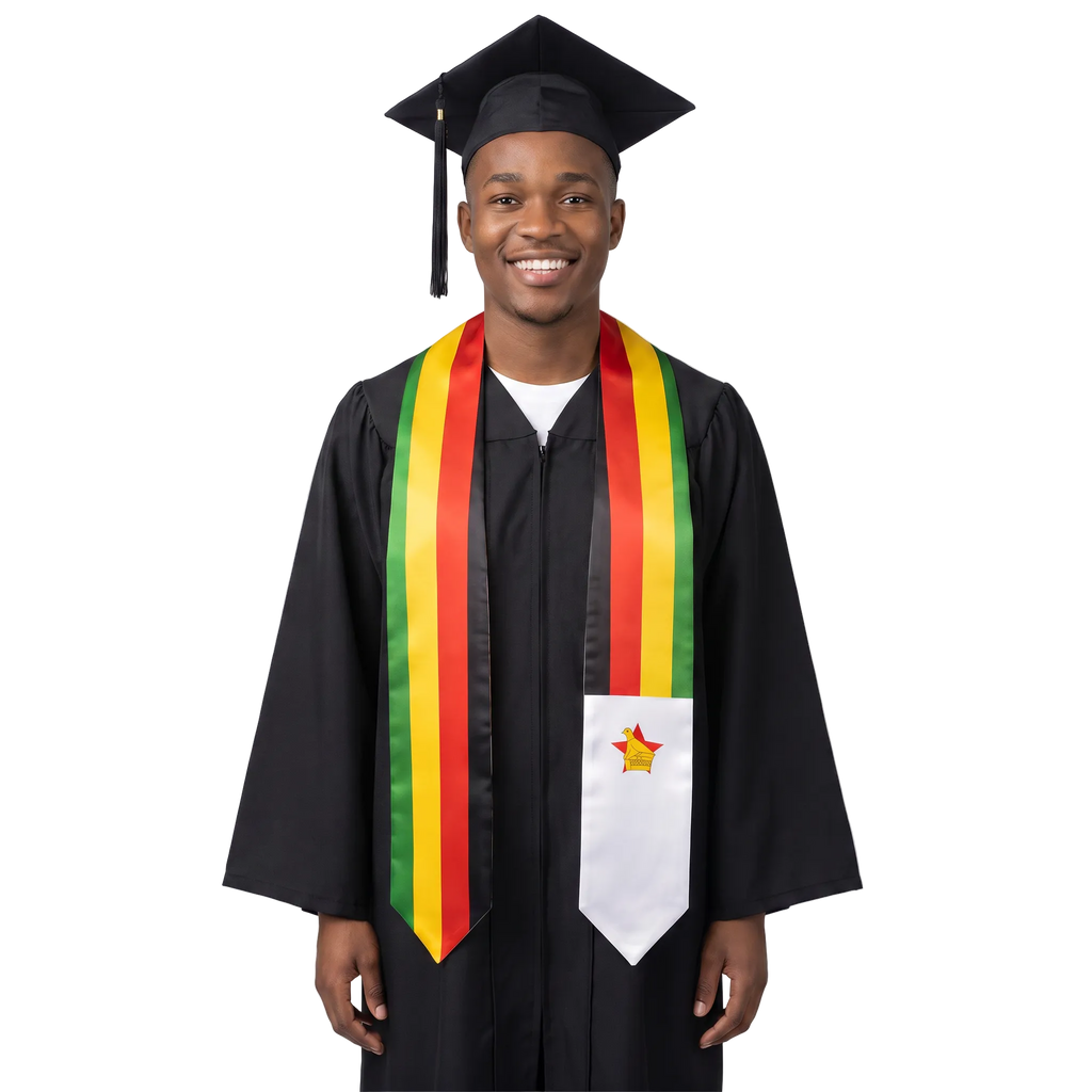 Zimbabwe graduation stole with green, yellow, red, and black stripes and a white panel featuring the Zimbabwe Bird and red star.
