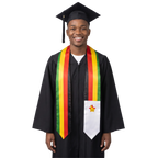 Zimbabwe graduation stole with green, yellow, red, and black stripes and a white panel featuring the Zimbabwe Bird and red star.
