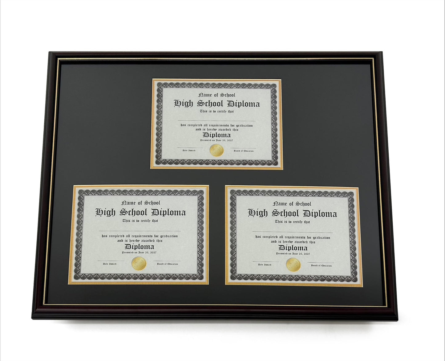 Triple Document Graduation Diploma Frame in Real Wood Glossy Cherry with Gold Trim, Fits 8.5" x 11" Certificate
