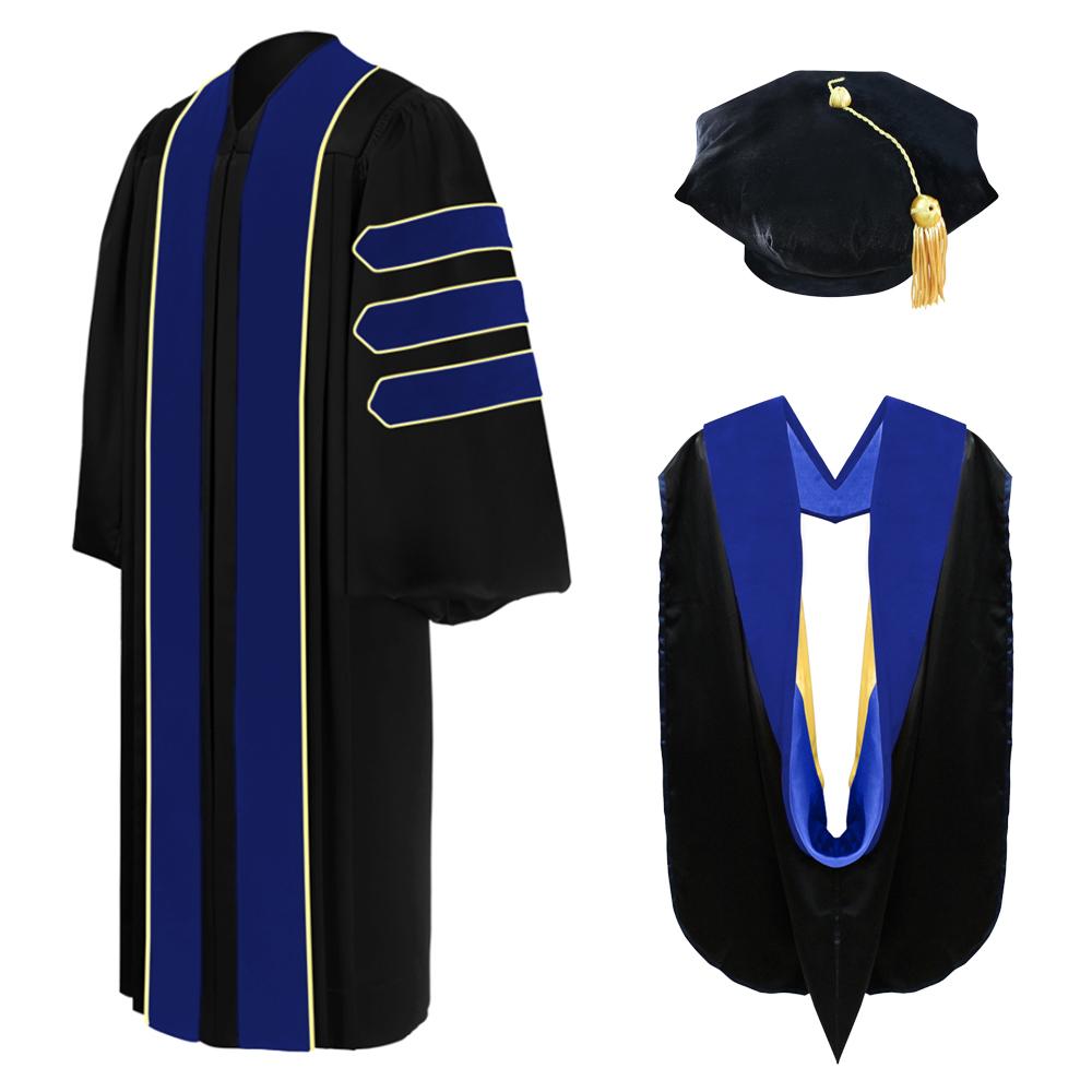 Deluxe PhD Doctoral Graduation Tam, Gown & Hood Package - PhD Blue - Graduation Cap and Gown