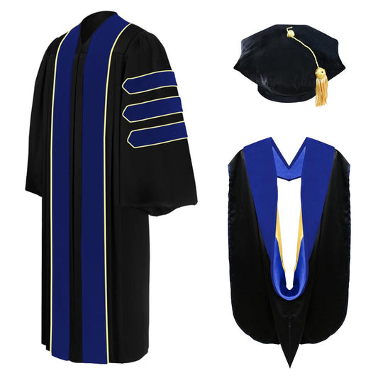 Deluxe PhD Doctoral Graduation Tam, Gown & Hood Package - PhD Blue - Graduation Cap and Gown